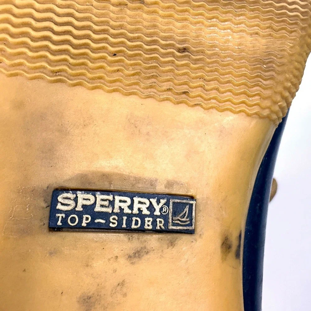 Sperry Saltwater Duck Boots‎ Womens Sz 8.5 Blue Brown Waterproof Rubber Leather
